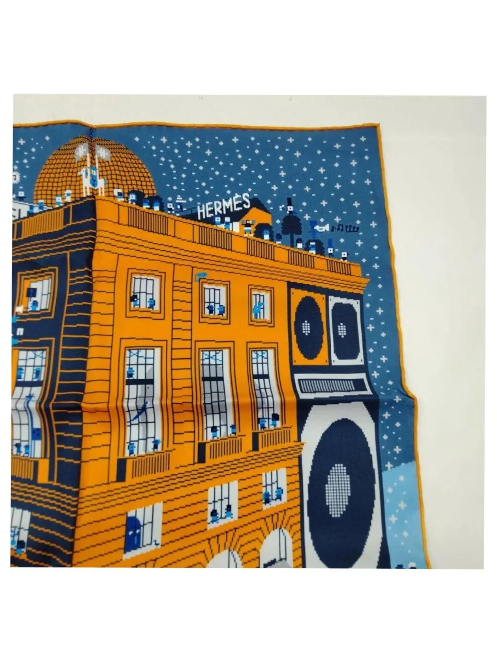 Authentic Hermès Paris Silk Gavroche Scarf Blue Yellow Pixel Art Square Luxury